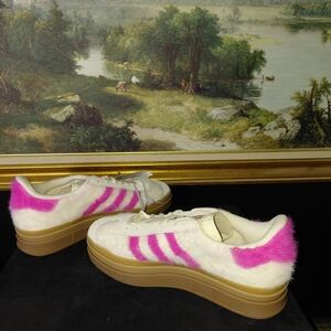 adidas White and Pink Faux-Fur Platform Sneakers
